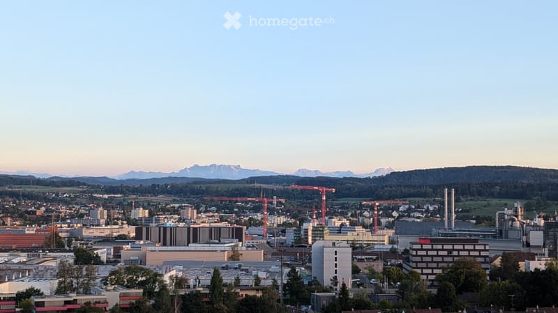 A panoramic view of a cityscape with a mix of residential and commercial buildings, surrounded by green fields and distant mountains.