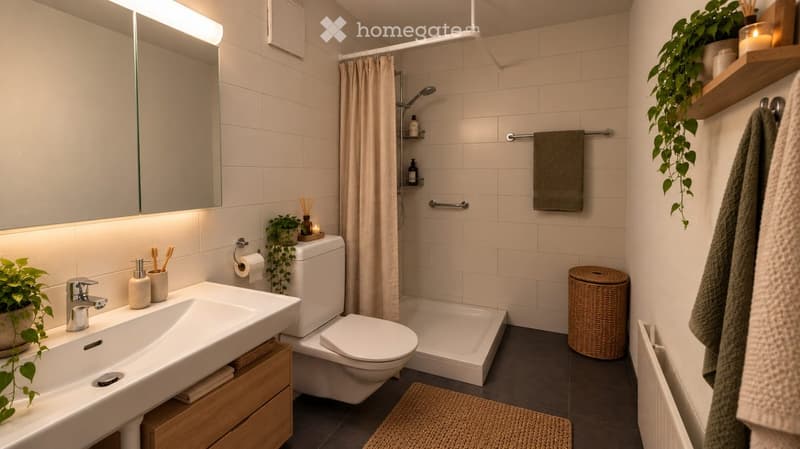 Modern bathroom with white tiles, a sink, toilet, bathtub, and a shower area. Includes a mirror, towel, plants, and decorative items.