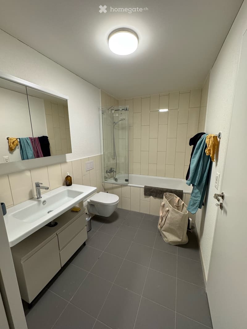 Modern bathroom with a white sink, toilet, large mirror, glass-enclosed shower, and towels hanging on racks.