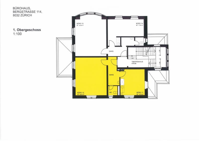 Floor plan of the first upper floor showing four offices (BÜRO 11, BÜRO 12, BÜRO 13, BÜRO 14), a staircase house, a WC, and two hallways.