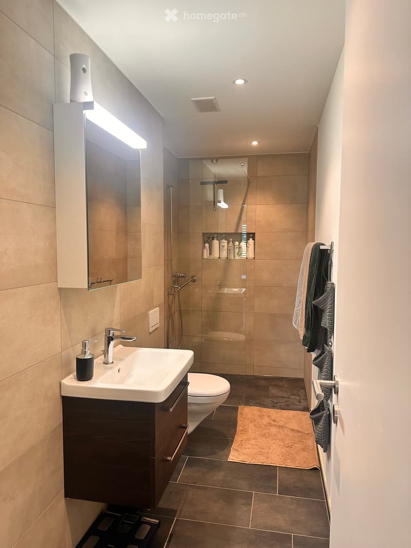 Modern bathroom with a white sink, dark wooden cabinet, mirror with built-in lighting, toilet, glass-enclosed shower, towel rack with towels, and a small bath mat on the floor.