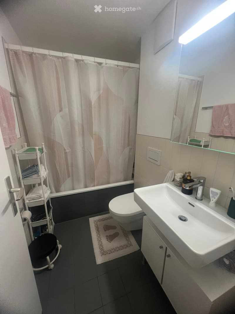 Modern bathroom with a sink, toilet, bathtub, and shower curtain. Includes a towel rack, mirror, and a small stool near the door.