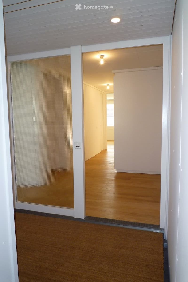 Empty hallway with wooden flooring, white walls, and a frosted glass door leading to another room.