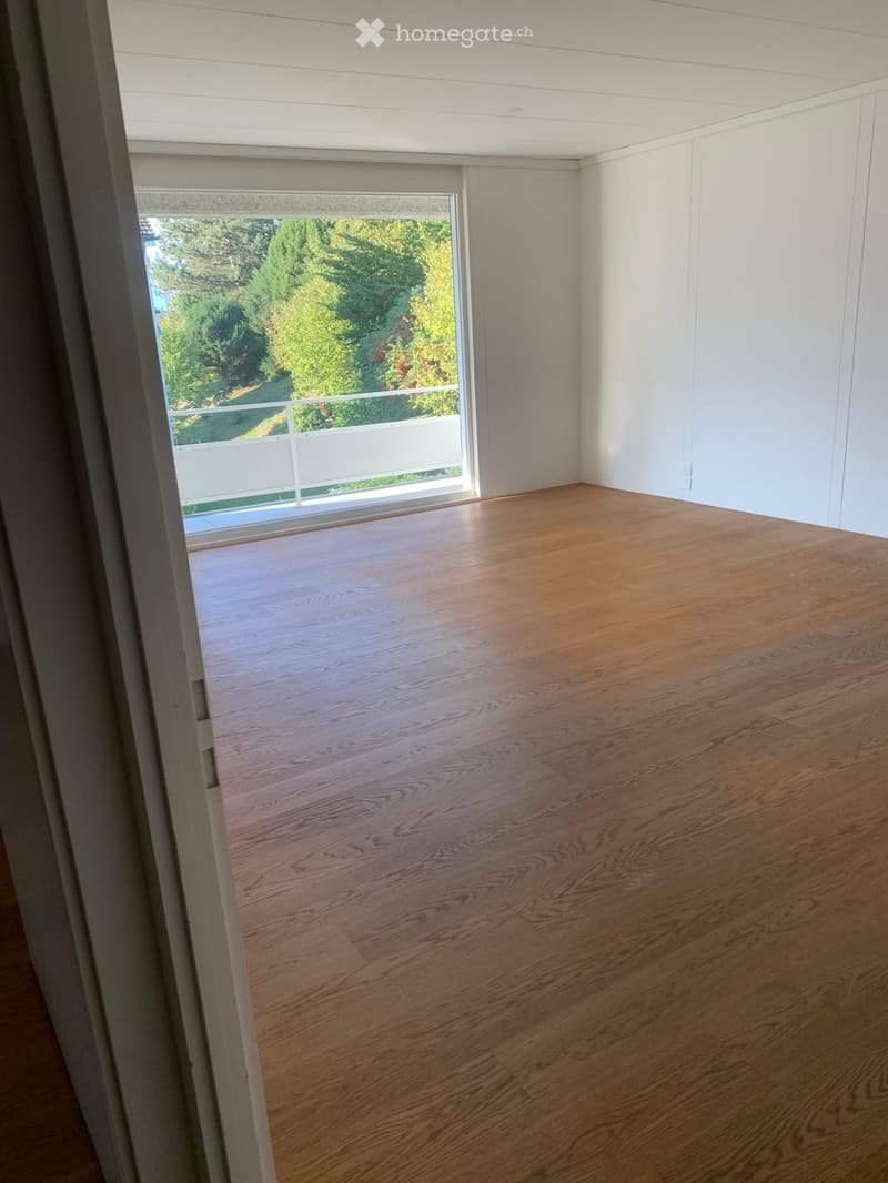 Empty room with wooden flooring, white walls, and large window offering a view of greenery outside.