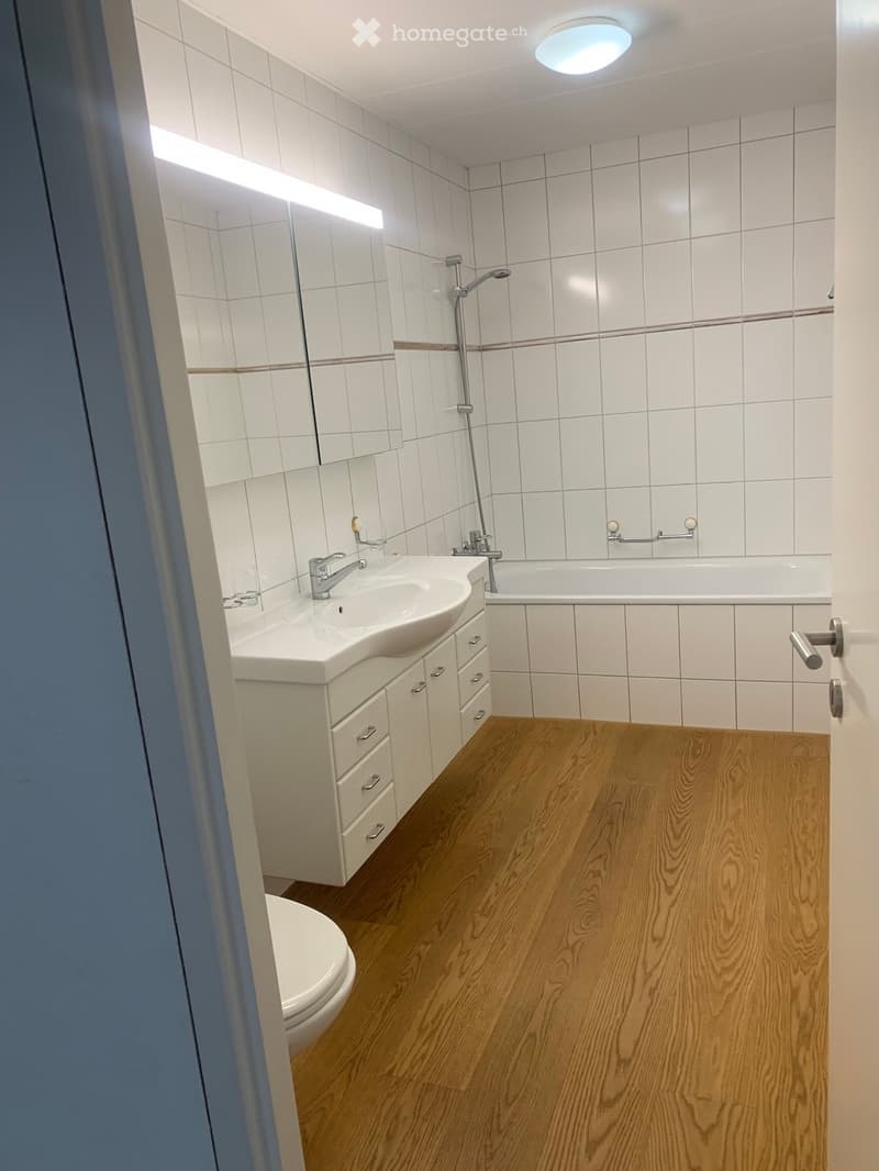Modern bathroom with white tiles, wooden flooring, a sink with a faucet, a bathtub, a toilet, and a mirrored cabinet.