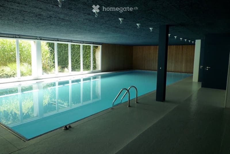 Indoor swimming pool area with large windows, modern concrete ceiling, and wooden paneling.