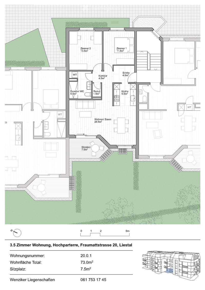 Floor plan of a 3.5-room apartment with a raised ground floor, featuring two bedrooms, a living/dining area, kitchen, bathroom, and outdoor seating area.