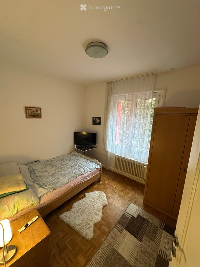 Cozy bedroom with wooden flooring, a single bed with a grey duvet, a nightstand with a lamp, a television, a fluffy white rug, and a small picture frame on the wall.