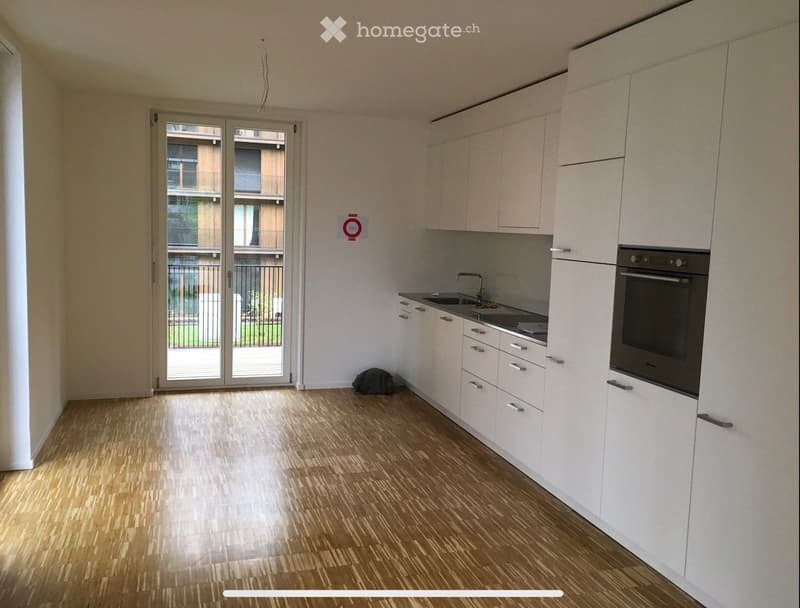 Modern kitchen with white cabinets, wooden flooring, and a large window with a view of the balcony.