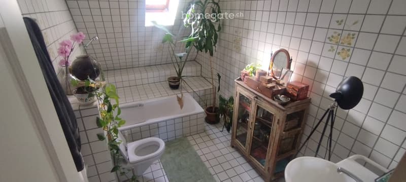 Bathroom with tiled walls and floor, featuring a bathtub, toilet, sink, mirror, wooden cabinet, and several potted plants.