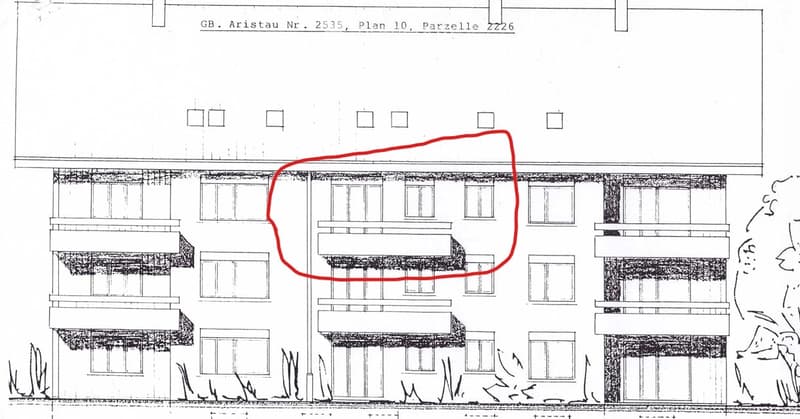 Floor plan of a multi-story building labeled "GB. Aristau Nr. 2535, Plan 10, Parzelle Z226" showing multiple windows, balconies, and structural details.