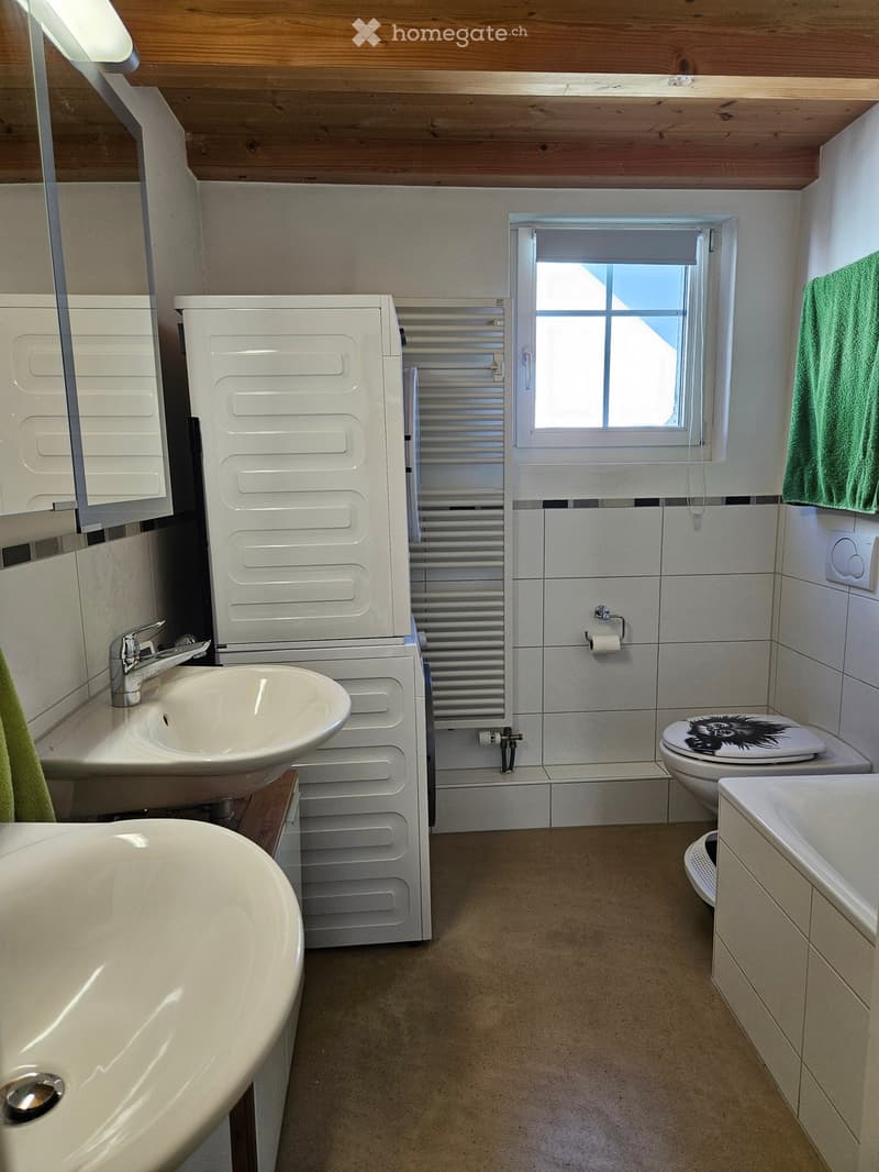 Modern bathroom with a sink, bathtub, toilet, mirror, and radiator. The room features a window with blinds and a green towel hanging on the wall.