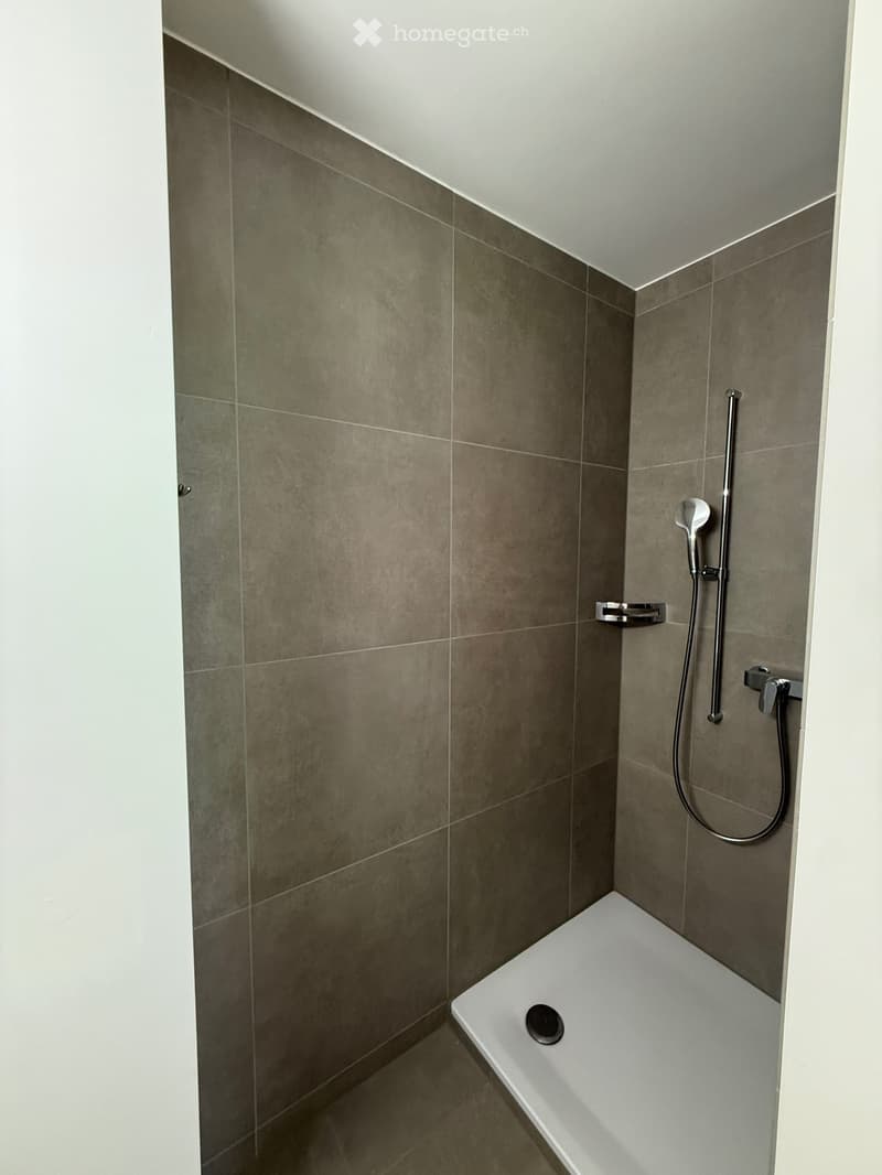 Modern bathroom with a white bathtub, grey tiled walls, and a handheld showerhead with a control valve.