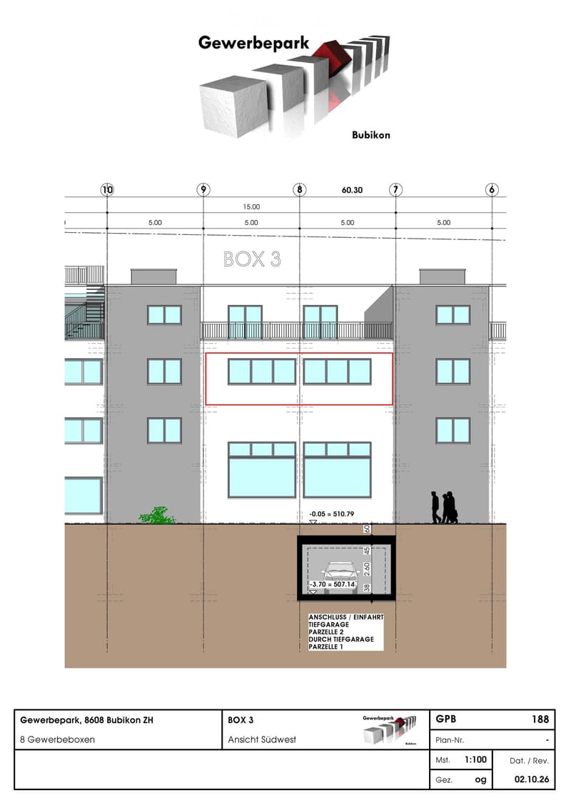 Floor plan of a commercial building labeled 'BOX 3' in Gewerbepark Bubikon, showing multiple levels with windows, a garage area, and measurement details.