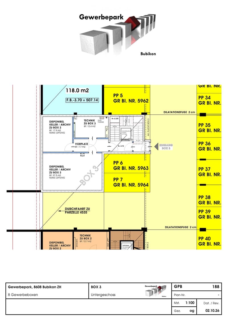 Floor plan of a commercial park with multiple boxes, showing available basement/archive spaces, technical rooms, and access points.