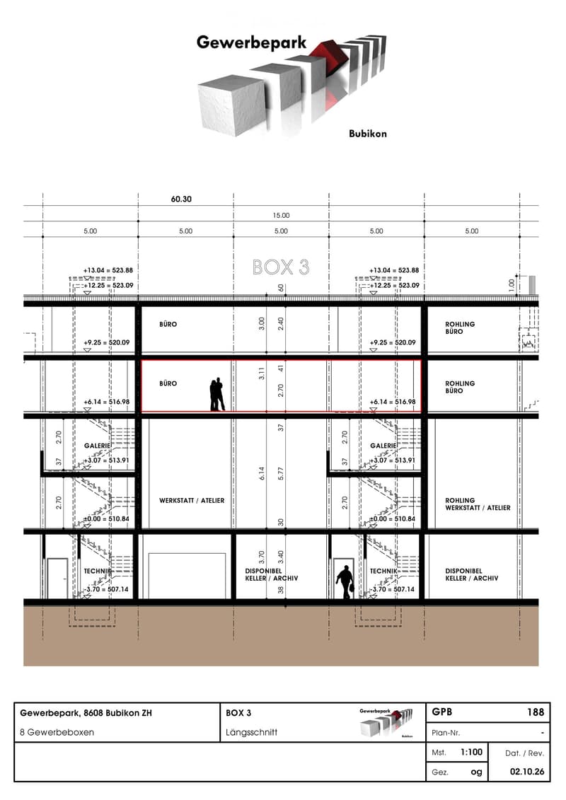 Floor plan of a commercial building labeled "Gewerbepark" and "BOX 3" showing multiple levels including offices, workshops, technical rooms, and storage areas. Dimensions and elevations are marked, with labeled sections such as "BÜRO" (office), "WERKSTATT