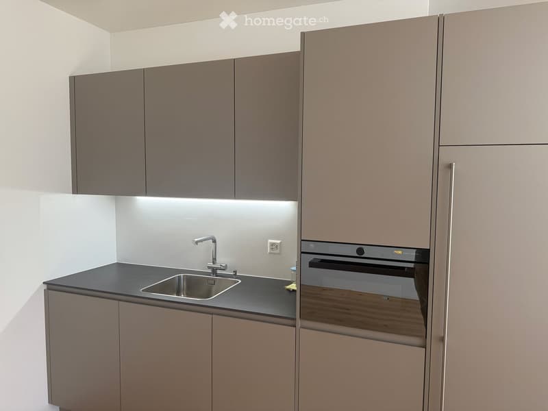Modern kitchen with sleek, grey cabinets, a black countertop, a stainless steel sink, and a built-in oven.