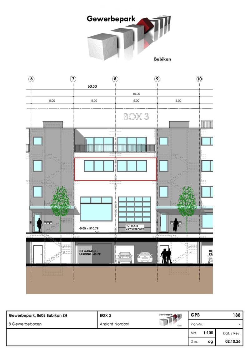 Floor plan of a commercial park building labeled BOX 3, showing multiple levels including a parking area, office spaces, and outdoor areas.