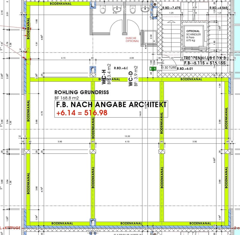 Floor plan of a basement level showing layout with labeled areas, measurements, and technical details. Includes sections labeled 'BODENKANAL' and 'WC-H'.