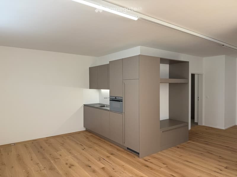 Modern kitchen with light grey cabinets, a sink, and an oven, featuring wooden flooring and white walls.