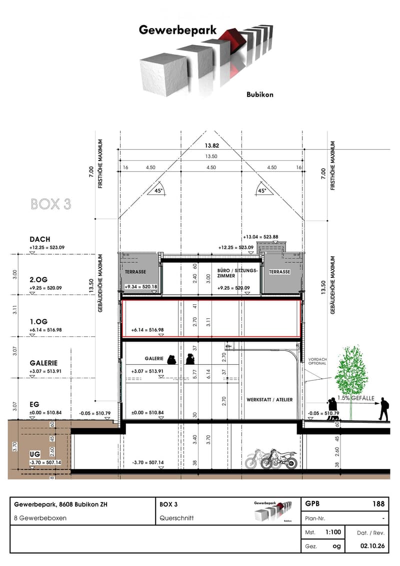 Floor plan of a commercial building labeled BOX 3, showing multiple levels including UG, EG, GALERIE, 1.OG, 2.OG, and DACH. Features include a terrace, office/sitting room, workshop/atelier, and optional entrance. Dimensions and elevations are marked.