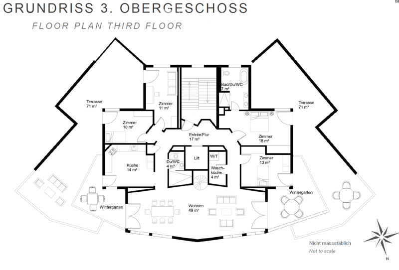 Floor plan of the third floor showing multiple rooms including a kitchen, living area, bedrooms, bathrooms, and terraces.