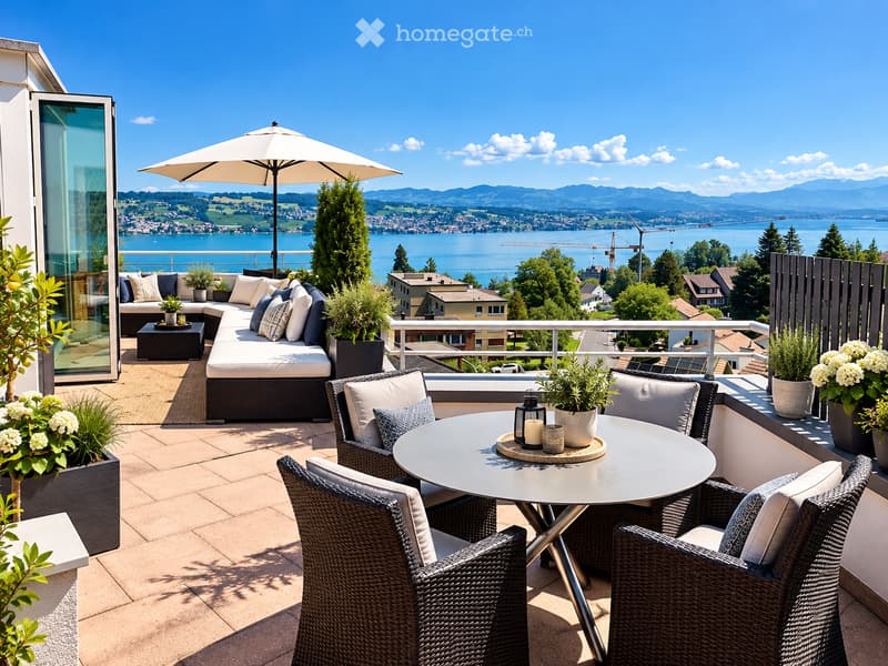 A modern balcony with a panoramic view of a lake and mountains, featuring a sofa, a round table with chairs, an umbrella, and potted plants.