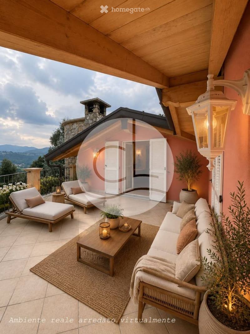 Outdoor terrace with wooden ceiling, tiled floor, and scenic mountain view. Features include a sofa, coffee table, lounge chairs, and potted plants.