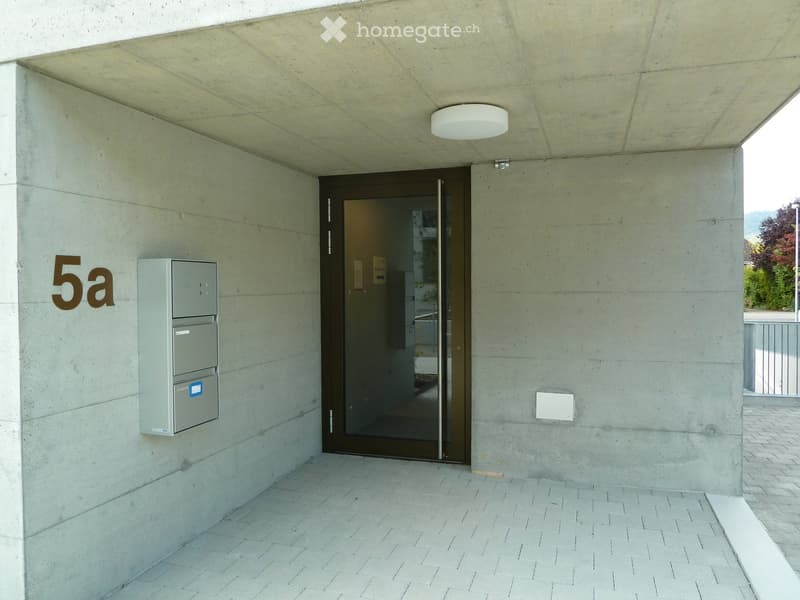 Modern concrete entrance area with a mail box, a door labeled '5a', and a white ceiling light.