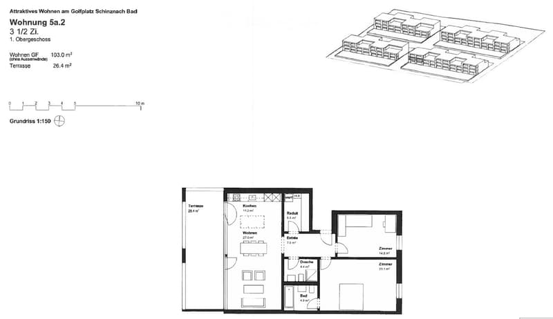Floor plan of a 3.5-room apartment on the first floor, including a living area, kitchen, bedroom, bathroom, and terrace.