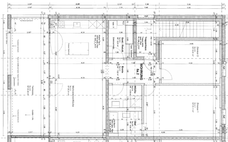Floor plan of a residential unit showing a living room, kitchen, two bedrooms, two bathrooms, and a balcony.