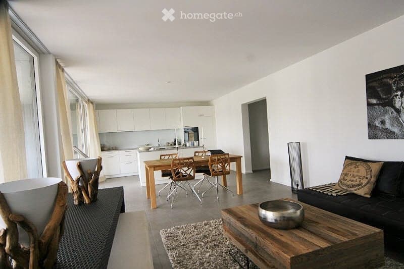 Open-plan living and dining area with modern furniture, including a sofa, coffee table, dining table with chairs, and a kitchen with white cabinets and an island.