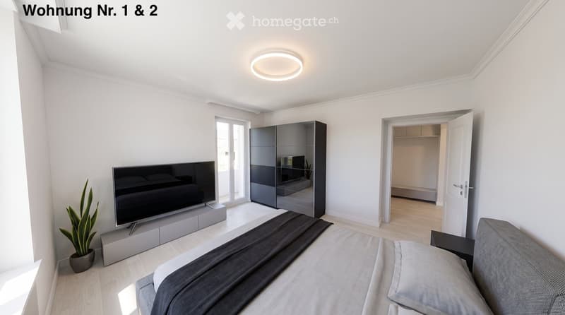 Modern bedroom with a large bed, nightstand, television, wardrobe, and a potted plant. The room features light wooden flooring and white walls.