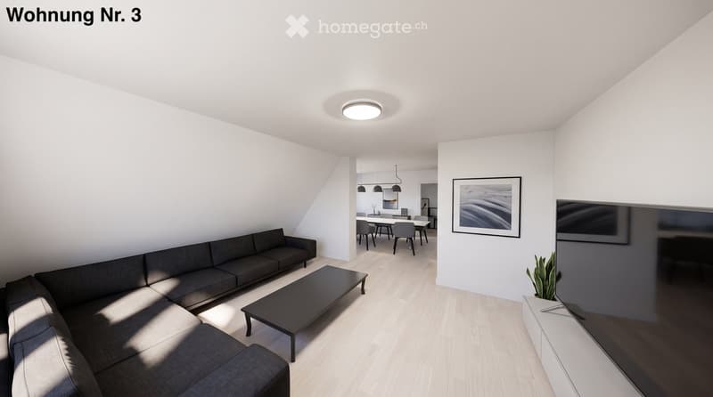 Modern living room with a grey sectional sofa, black coffee table, flat-screen TV, dining area with chairs and table, and a potted plant near the TV stand.