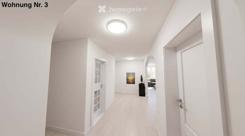 Bright, modern hallway with white walls, wooden flooring, recessed lighting, and an open doorway leading to a living area with a sofa and artwork.