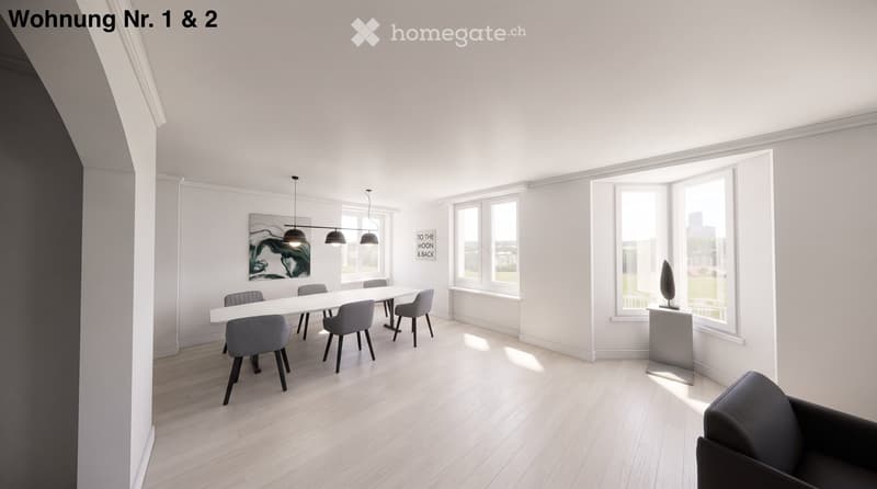Bright, modern dining area with a white dining table, six grey chairs, pendant lights, a sculpture on a console table, and a grey sofa near large windows.