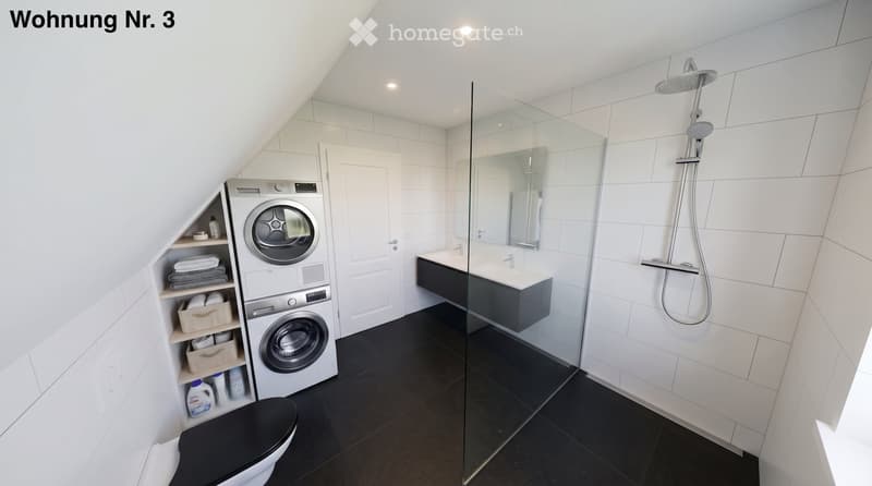 Modern bathroom with a toilet, shower, sink, mirror, and a private washing machine. The space features white tiled walls, a black tiled floor, and a glass-enclosed shower area.