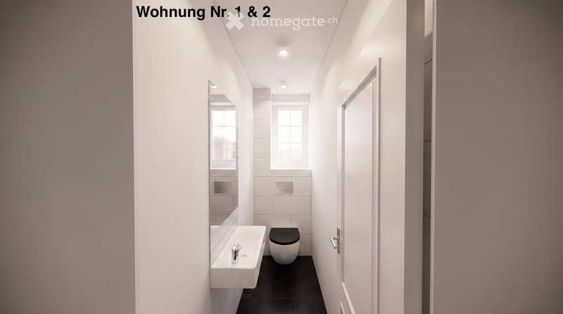 Modern, minimalist bathroom with white walls, black floor, a sink, toilet, and a large mirror.