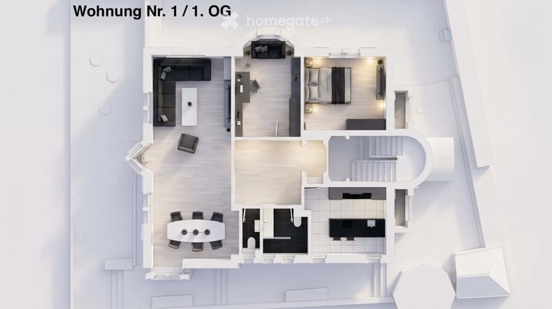 Floor plan of a 1st-floor apartment with a living room, dining area, kitchen, bedroom, and bathroom.