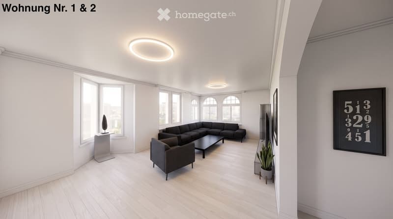 Modern living room with white walls, wooden floor, large windows, grey sectional sofa, coffee table, armchair, floor lamp, screen, and plant.
