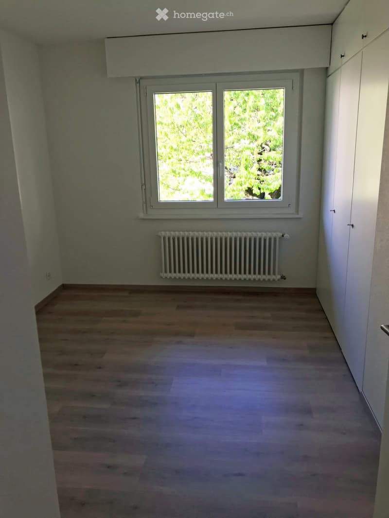 Empty room with wooden flooring, white walls, a window with white frame, and a radiator below the window.