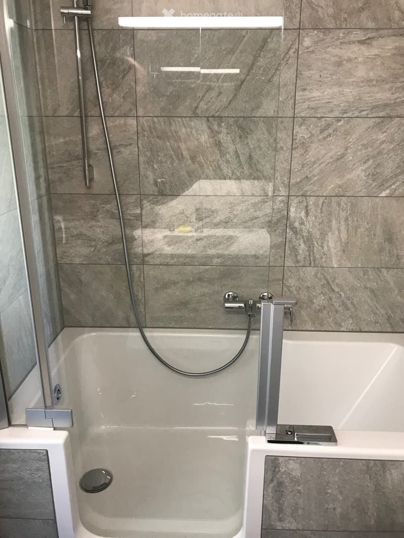 Modern bathroom with a bathtub, glass shower enclosure, and sleek chrome fixtures.