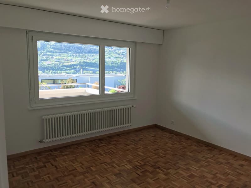 Empty room with wooden flooring, white walls, large window offering a scenic view, and a radiator below the window.