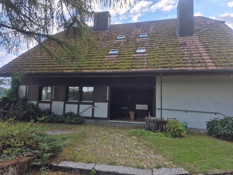 Two-story house with a moss-covered roof, white walls, and dark wooden trim. Features include a covered entrance, small windows, and a well-maintained garden with greenery and a stone pathway.