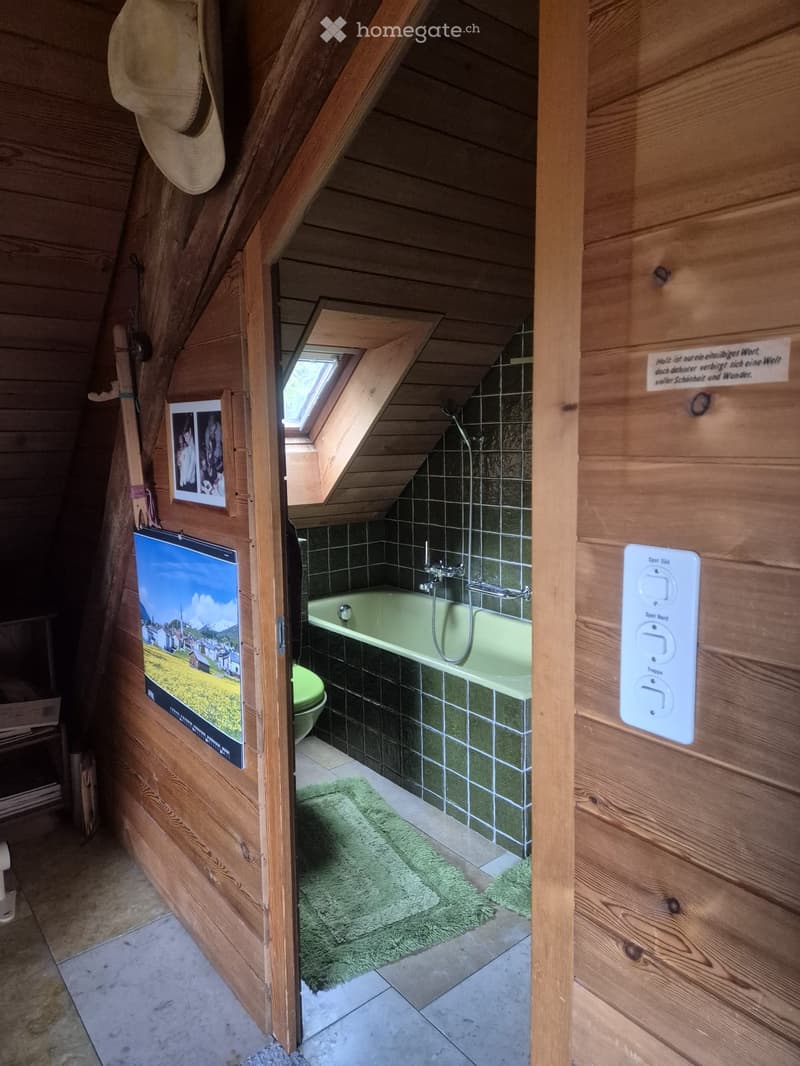 Cozy attic bathroom with wooden walls, green tiled bathtub, toilet, and a skylight window above the tub.
