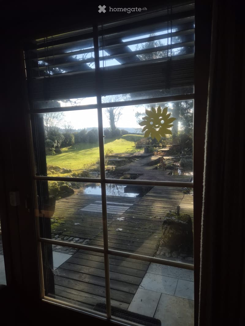 View from inside a house through a large window showing a wooden deck, a pond, a grassy lawn, and a wooden walkway leading to a raised platform.