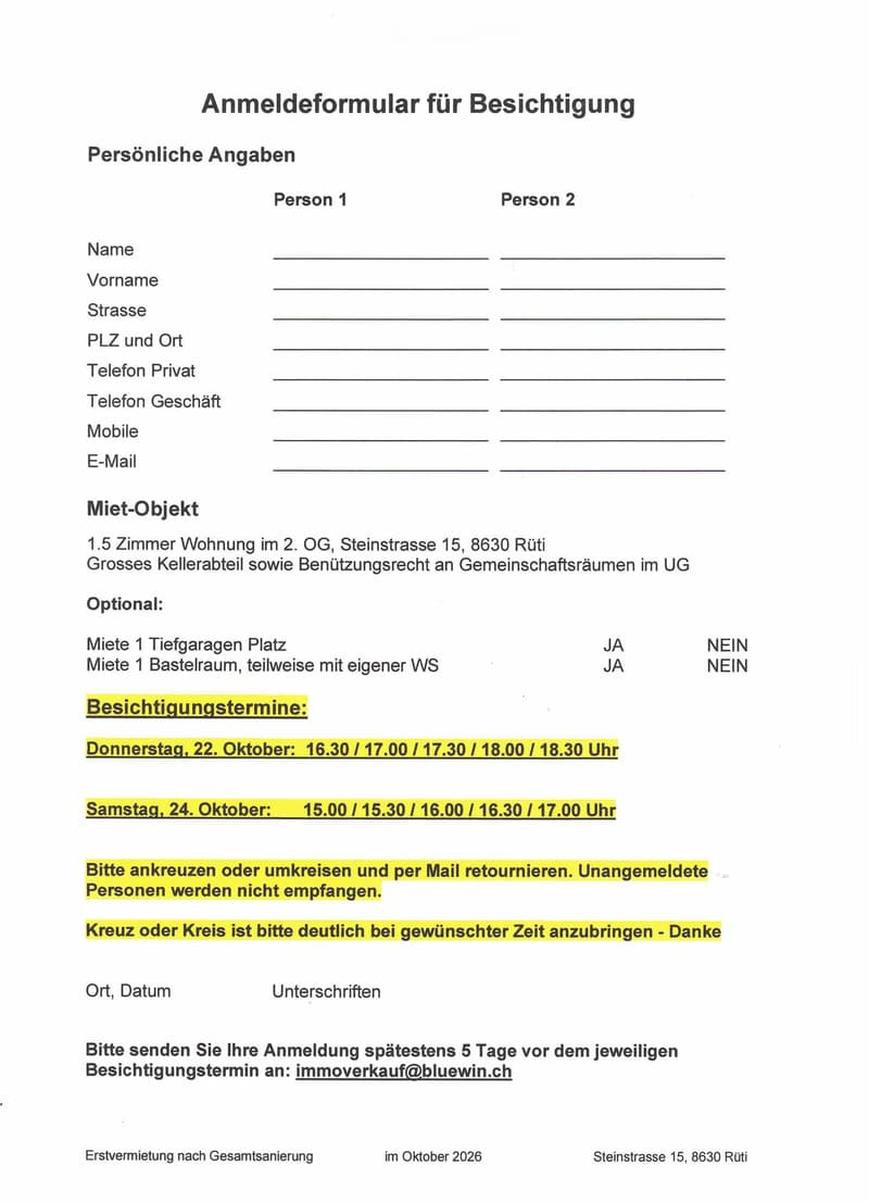 A rental registration form for a 1.5-room apartment in the 2nd floor, Steinstrasse 15, 8630 Ruti, with a large basement and shared space rights in the basement.