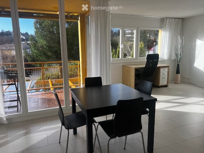 Empty room with table and chairs, large windows, balcony, yellow railing, indoor plant, desk, two chairs
