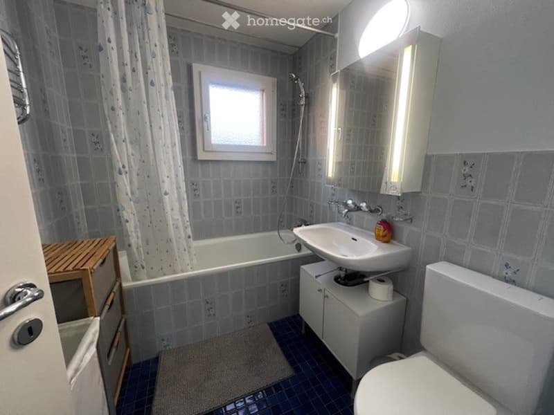 small bathroom, bathtub, white sink, white toilet, mirror, shower, blue tiles