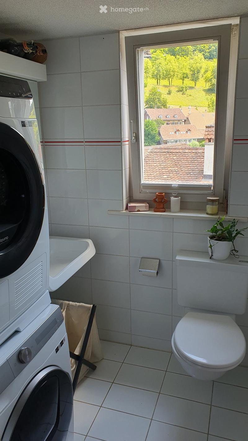 Bathroom with white tiles, a toilet, a washing machine, a bathtub, a small plant on the windowsill, and a towel hanging on the side.